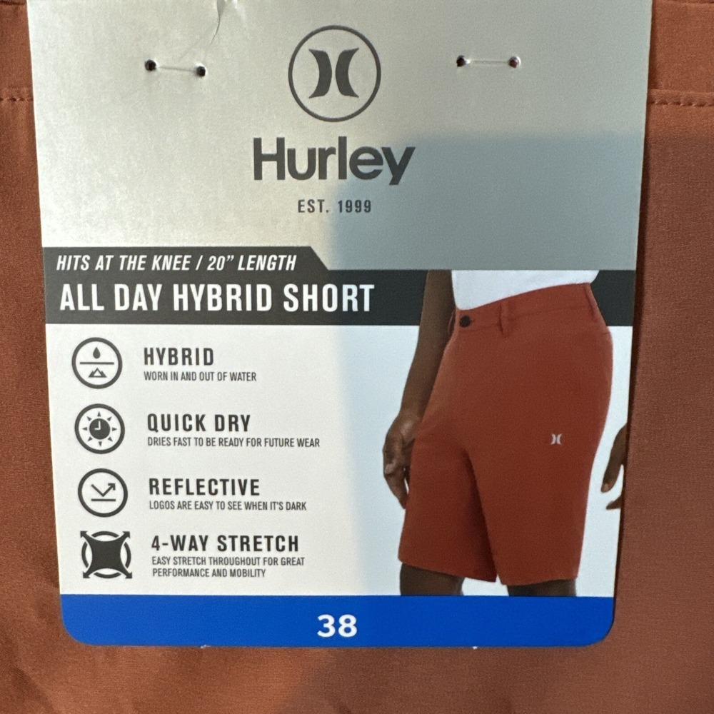 Hurley All Day Hybrid Short Redwood 4-Way Stretch Reflective Logo Mens Sz 38 NEW - Picture 7 of 8